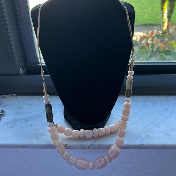 LOFT PALE PINK BEADS TRIMMED WITH COLORED BEADS HUNG ON A DOUBLE OVERHEAD CHAIN - Picture 3 of 10